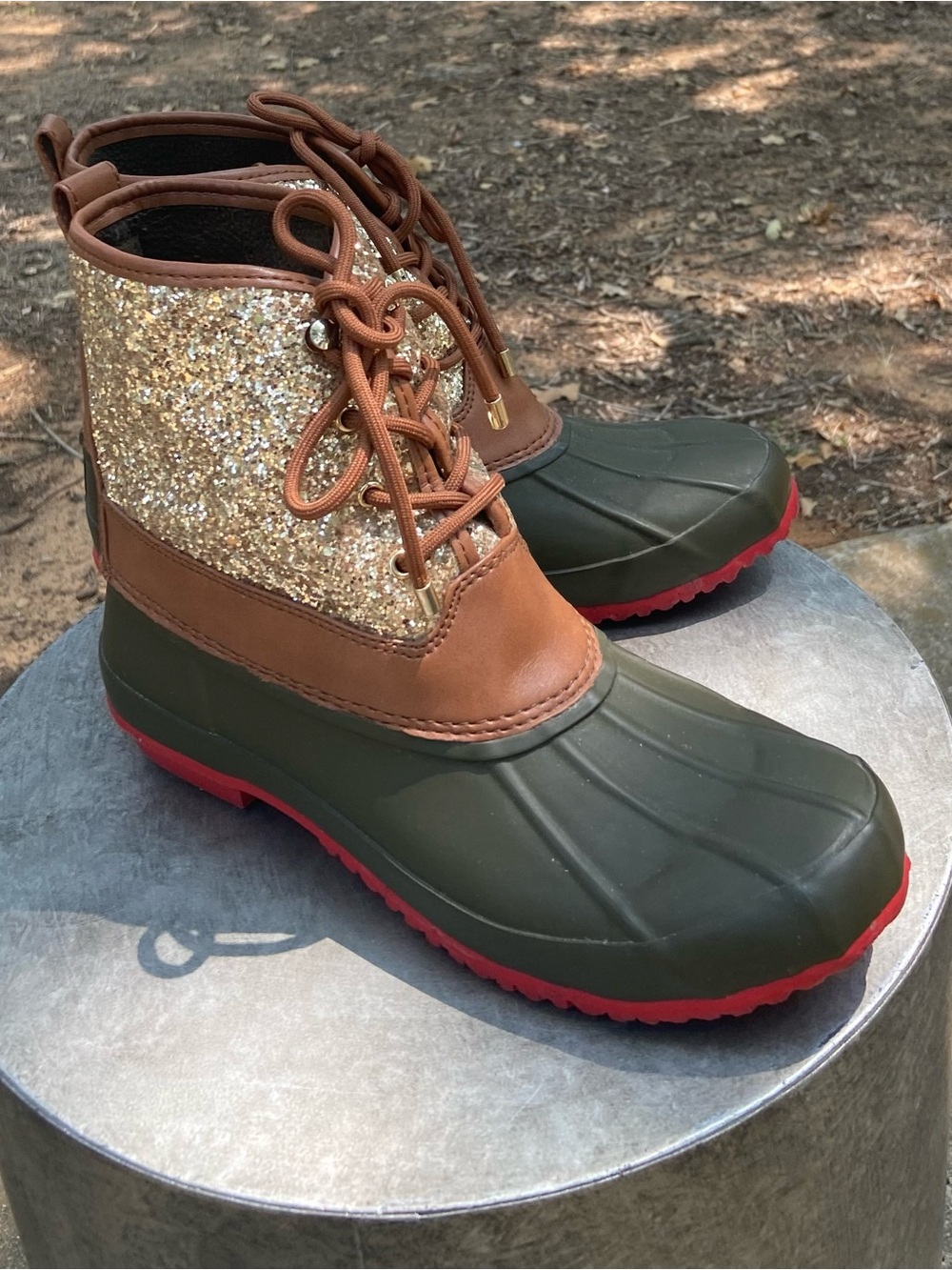 Gianni Bini Olive, Brown and Gold Glitter Duck Boots